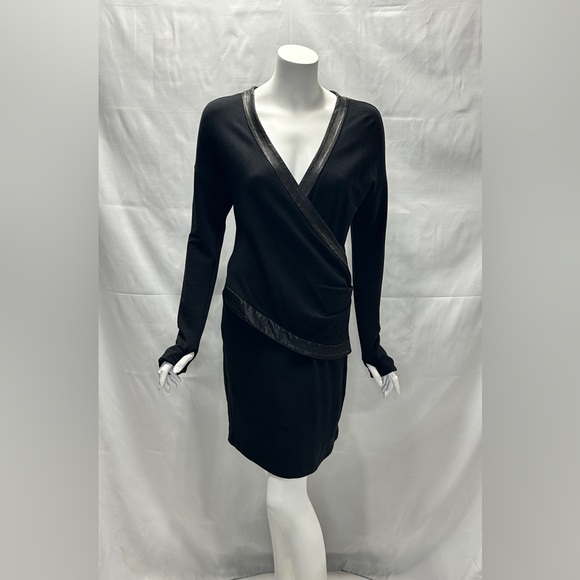 PI Black Long Sleeved Leather Trimmed Sweater Dress Size Medium - Picture 2 of 12